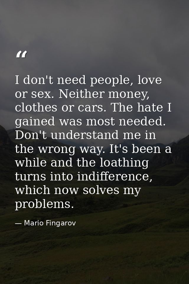 I don't need people, love or sex. Neither money, clothes or cars. The hate I gained was most needed. Don't understand me — Mario Fingarov