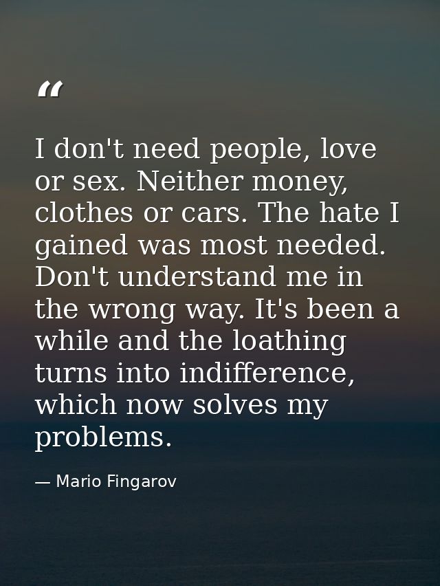 I don't need people, love or sex. Neither money, clothes or cars. The hate I gained was most needed. Don't understand me — Mario Fingarov