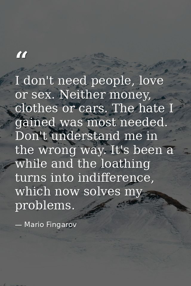 I don't need people, love or sex. Neither money, clothes or cars. The hate I gained was most needed. Don't understand me — Mario Fingarov