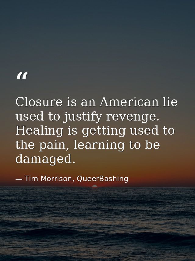 Closure is an American lie used to justify revenge. Healing is getting used to the pain, learning to be damaged. — Tim Morrison, QueerBashing