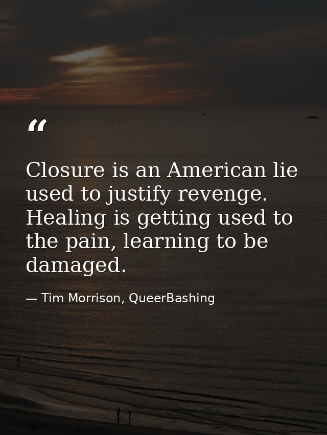 Closure is an American lie used to justify revenge. Healing is getting used to the pain, learning to be damaged. — Tim Morrison, QueerBashing
