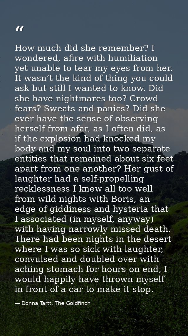 How much did she remember? I wondered, afire with humiliation yet unable to tear my eyes from her. It wasn’t the kind of — Donna Tartt, The Goldfinch