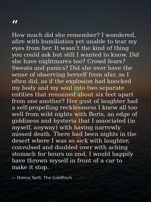 How much did she remember? I wondered, afire with humiliation yet unable to tear my eyes from her. It wasn’t the kind of — Donna Tartt, The Goldfinch
