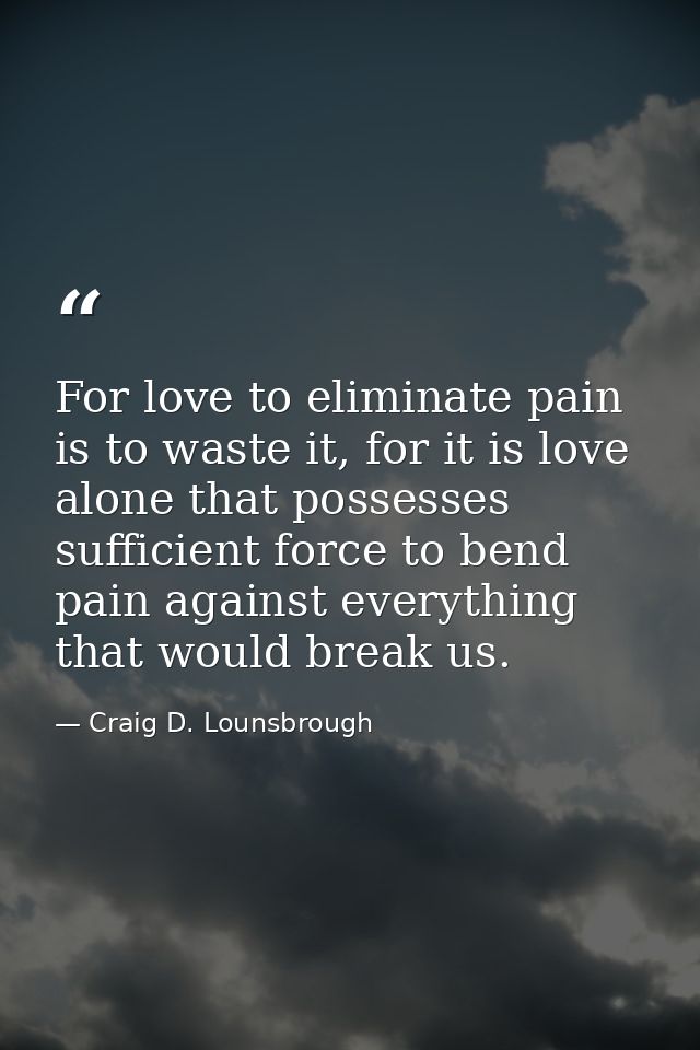 For love to eliminate pain is to waste it, for it is love alone that possesses sufficient force to bend pain against eve — Craig D. Lounsbrough