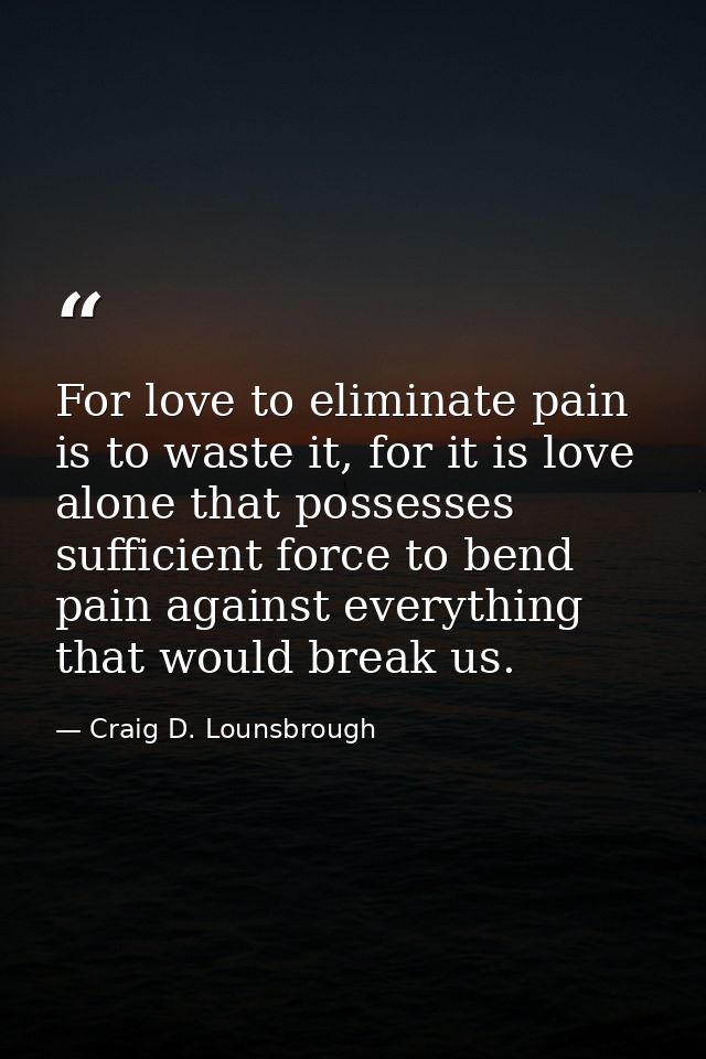 For love to eliminate pain is to waste it, for it is love alone that possesses sufficient force to bend pain against eve — Craig D. Lounsbrough