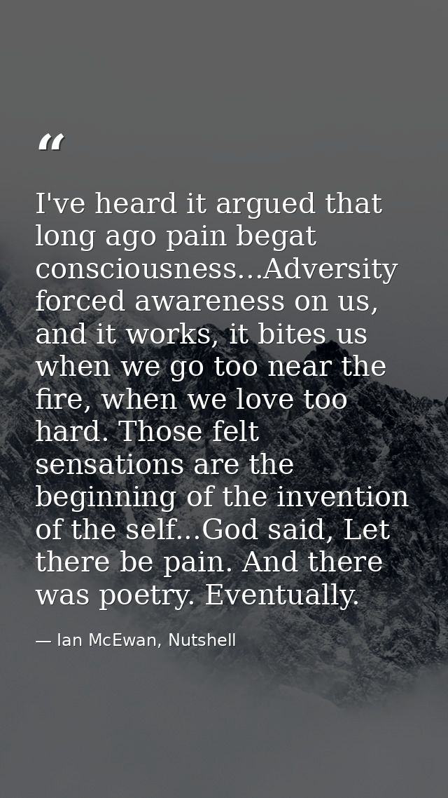 I've heard it argued that long ago pain begat consciousness...Adversity forced awareness on us, and it works, it bites u — Ian McEwan, Nutshell