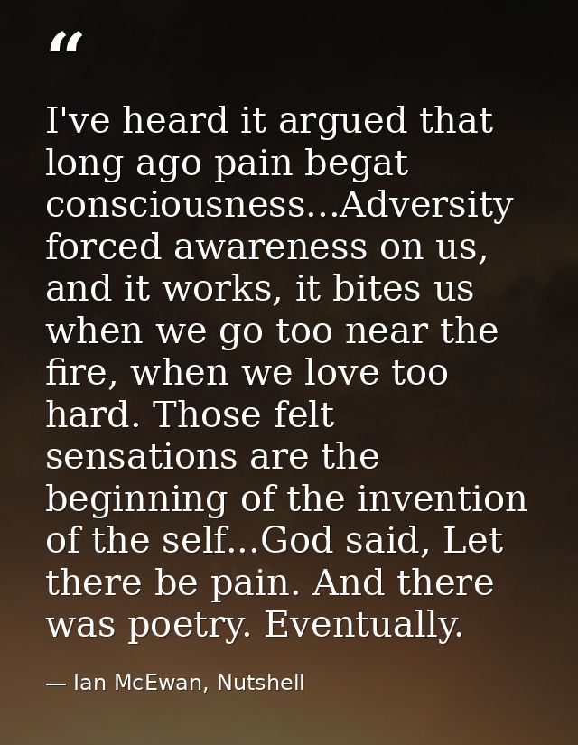 I've heard it argued that long ago pain begat consciousness...Adversity forced awareness on us, and it works, it bites u — Ian McEwan, Nutshell