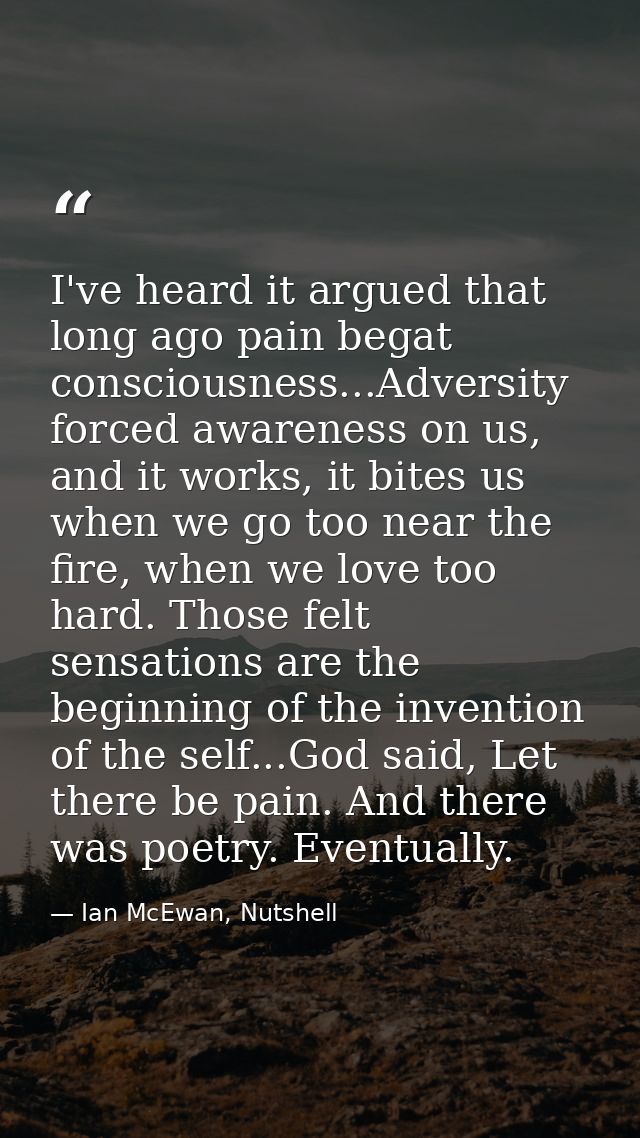 I've heard it argued that long ago pain begat consciousness...Adversity forced awareness on us, and it works, it bites u — Ian McEwan, Nutshell