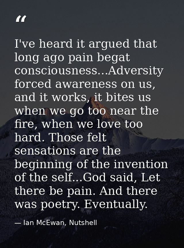 I've heard it argued that long ago pain begat consciousness...Adversity forced awareness on us, and it works, it bites u — Ian McEwan, Nutshell