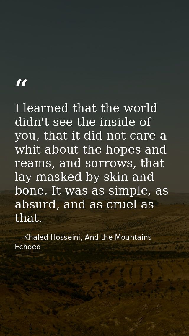 I learned that the world didn't see the inside of you, that it did not care a whit about the hopes and reams, and sorrow — Khaled Hosseini, And the Mountains Echoed
