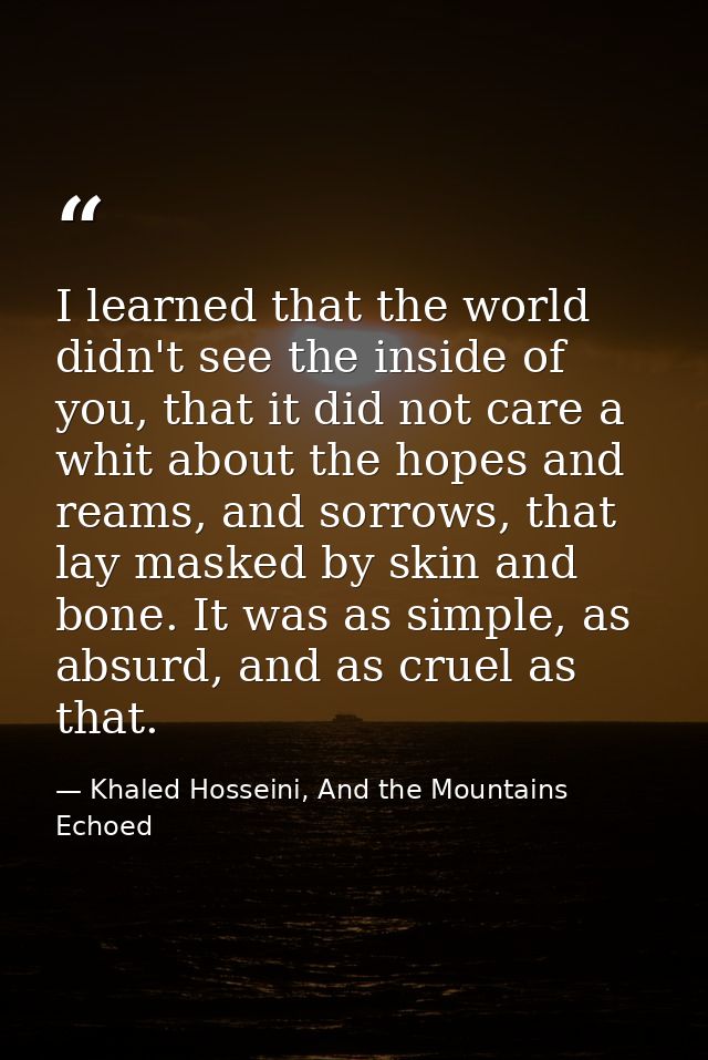 I learned that the world didn't see the inside of you, that it did not care a whit about the hopes and reams, and sorrow — Khaled Hosseini, And the Mountains Echoed