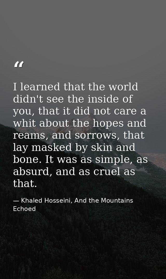 I learned that the world didn't see the inside of you, that it did not care a whit about the hopes and reams, and sorrow — Khaled Hosseini, And the Mountains Echoed