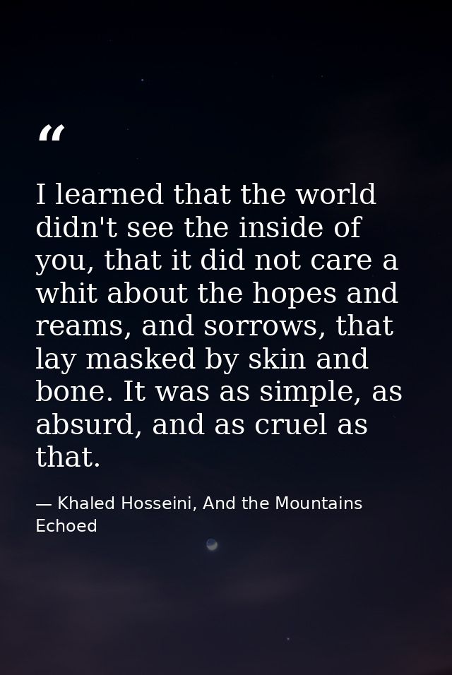 I learned that the world didn't see the inside of you, that it did not care a whit about the hopes and reams, and sorrow — Khaled Hosseini, And the Mountains Echoed