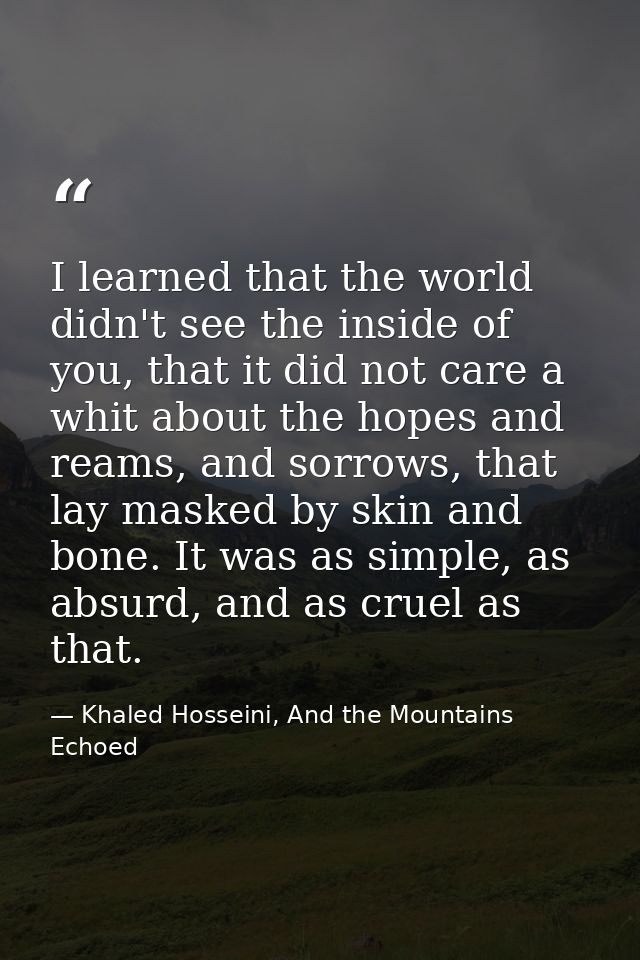 I learned that the world didn't see the inside of you, that it did not care a whit about the hopes and reams, and sorrow — Khaled Hosseini, And the Mountains Echoed