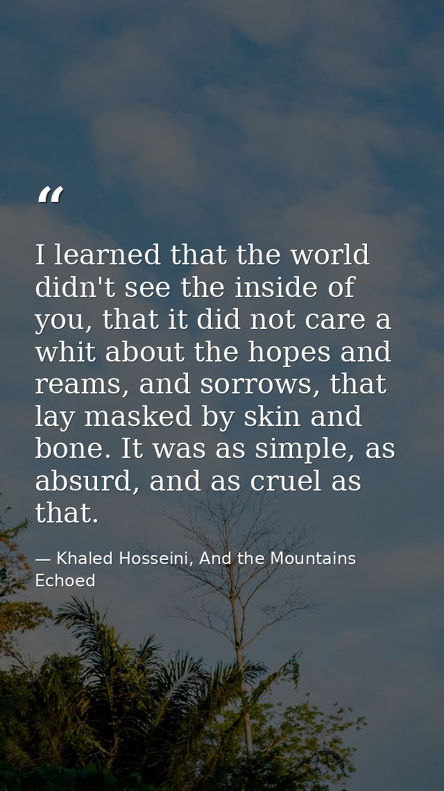 I learned that the world didn't see the inside of you, that it did not care a whit about the hopes and reams, and sorrow — Khaled Hosseini, And the Mountains Echoed