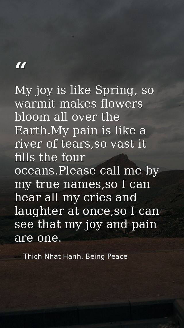 My joy is like Spring, so warmit makes flowers bloom all over the Earth.My pain is like a river of tears,so vast it fill — Thich Nhat Hanh, Being Peace