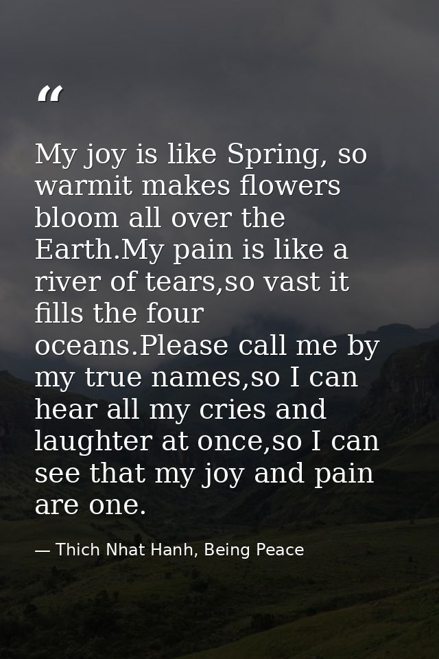 My joy is like Spring, so warmit makes flowers bloom all over the Earth.My pain is like a river of tears,so vast it fill — Thich Nhat Hanh, Being Peace
