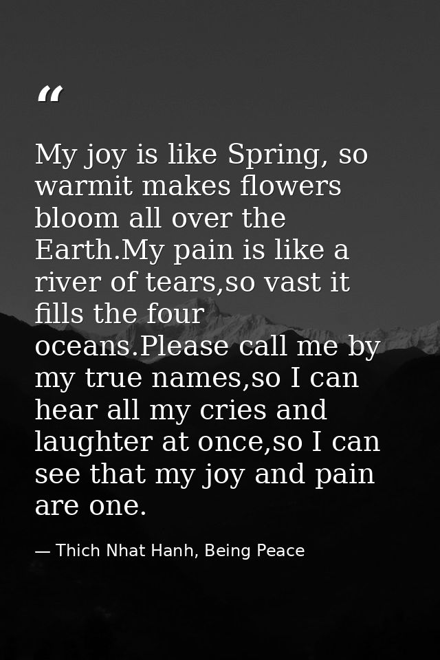 My joy is like Spring, so warmit makes flowers bloom all over the Earth.My pain is like a river of tears,so vast it fill — Thich Nhat Hanh, Being Peace
