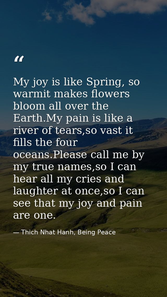 My joy is like Spring, so warmit makes flowers bloom all over the Earth.My pain is like a river of tears,so vast it fill — Thich Nhat Hanh, Being Peace