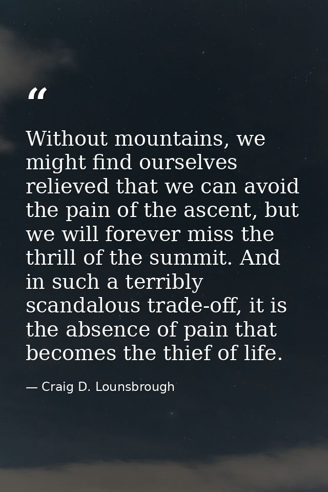 Without mountains, we might find ourselves relieved that we can avoid the pain of the ascent, but we will forever miss t — Craig D. Lounsbrough