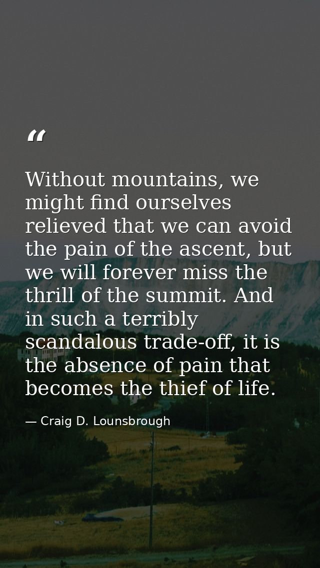 Without mountains, we might find ourselves relieved that we can avoid the pain of the ascent, but we will forever miss t — Craig D. Lounsbrough