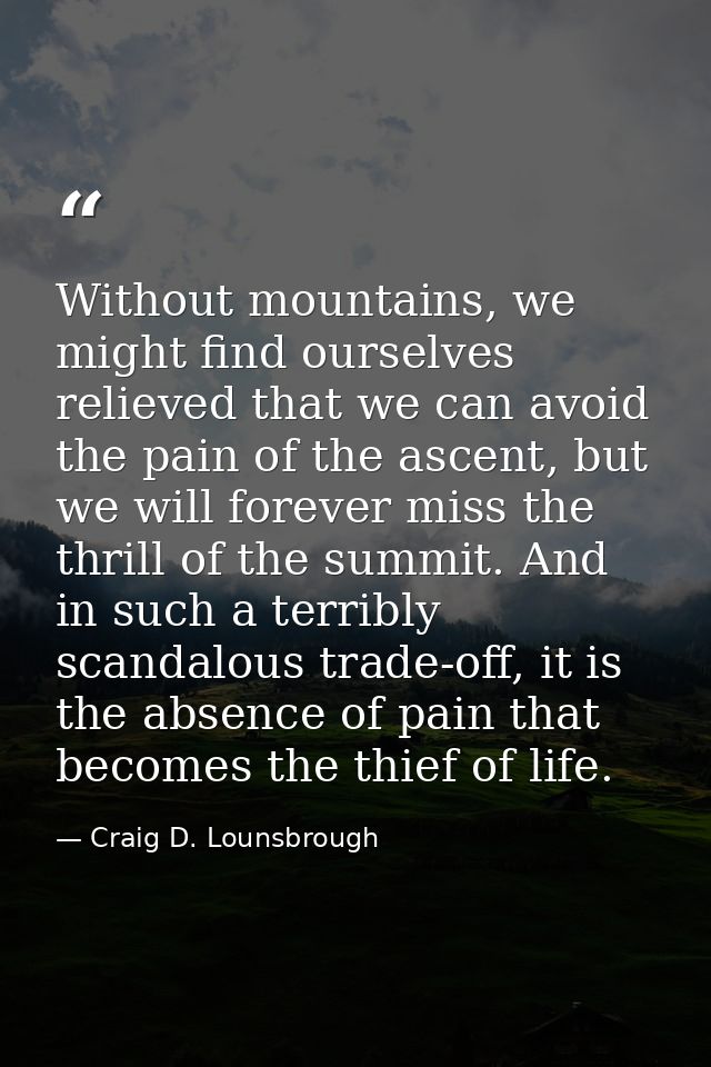Without mountains, we might find ourselves relieved that we can avoid the pain of the ascent, but we will forever miss t — Craig D. Lounsbrough