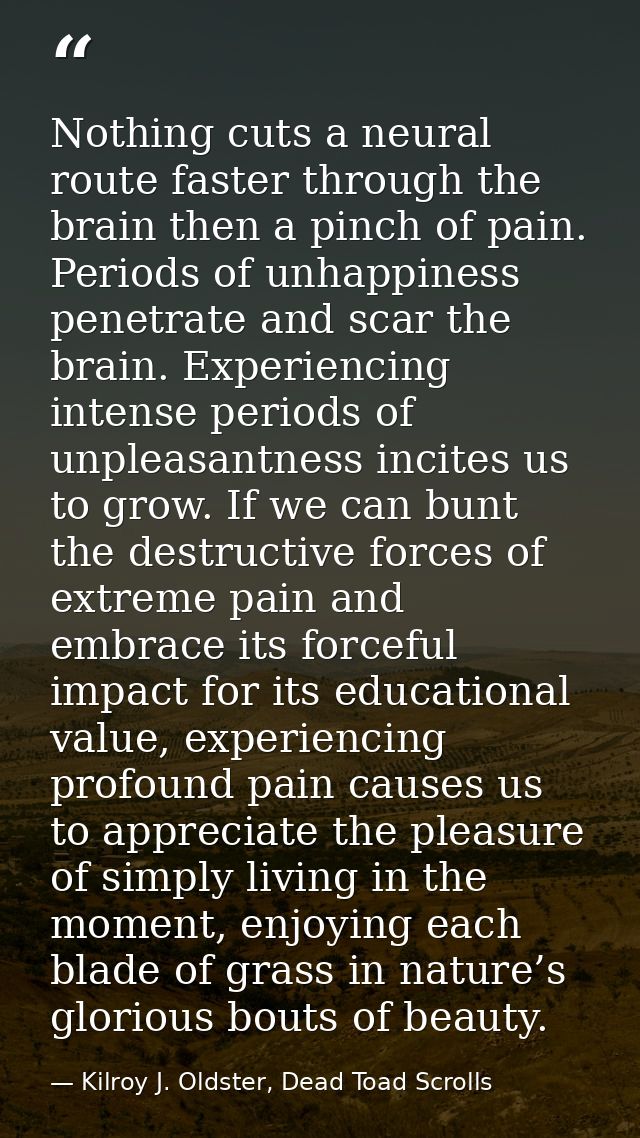 Nothing cuts a neural route faster through the brain then a pinch of pain. Periods of unhappiness penetrate and scar the — Kilroy J. Oldster, Dead Toad Scrolls