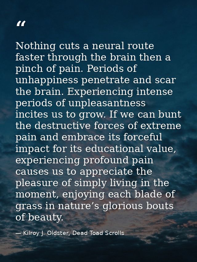 Nothing cuts a neural route faster through the brain then a pinch of pain. Periods of unhappiness penetrate and scar the — Kilroy J. Oldster, Dead Toad Scrolls