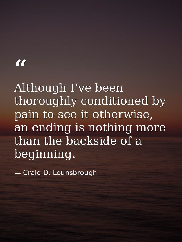 Although I’ve been thoroughly conditioned by pain to see it otherwise, an ending is nothing more than the backside of a  — Craig D. Lounsbrough