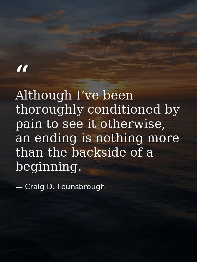 Although I’ve been thoroughly conditioned by pain to see it otherwise, an ending is nothing more than the backside of a  — Craig D. Lounsbrough