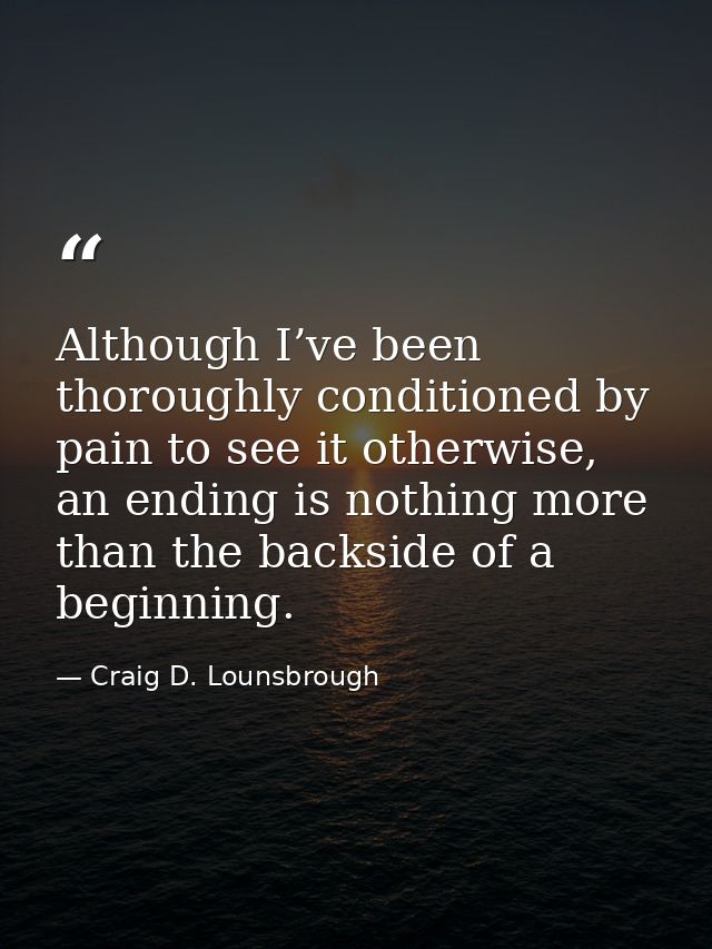 Although I’ve been thoroughly conditioned by pain to see it otherwise, an ending is nothing more than the backside of a  — Craig D. Lounsbrough
