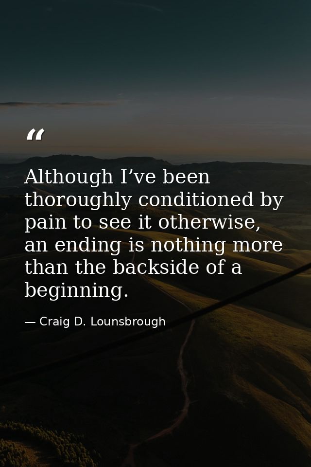 Although I’ve been thoroughly conditioned by pain to see it otherwise, an ending is nothing more than the backside of a  — Craig D. Lounsbrough