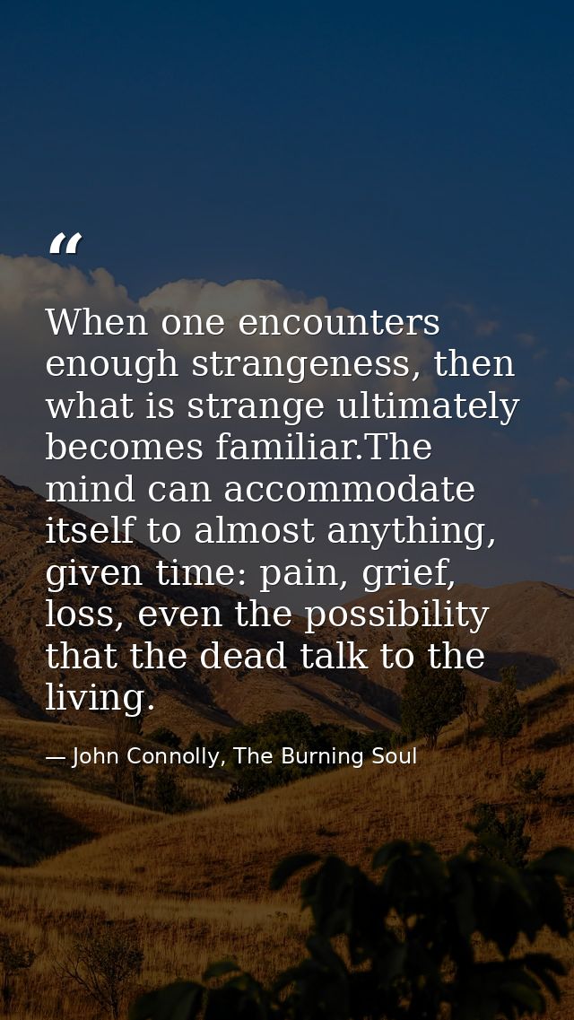 When one encounters enough strangeness, then what is strange ultimately becomes familiar.The mind can accommodate itself — John Connolly, The Burning Soul