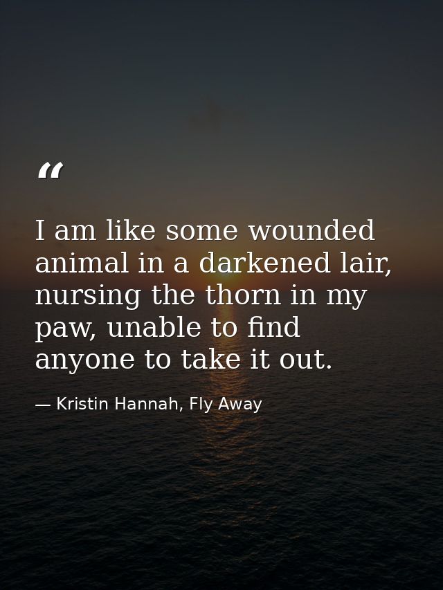 I am like some wounded animal in a darkened lair, nursing the thorn in my paw, unable to find anyone to take it out. — Kristin Hannah, Fly Away