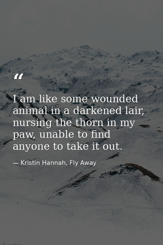 I am like some wounded animal in a darkened lair, nursing the thorn in my paw, unable to find anyone to take it out. — Kristin Hannah, Fly Away