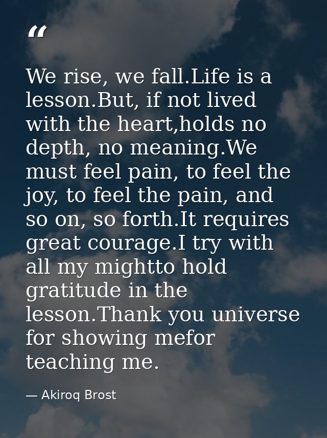 We rise, we fall.Life is a lesson.But, if not lived with the heart,holds no depth, no meaning.We must feel pain, to feel — Akiroq Brost