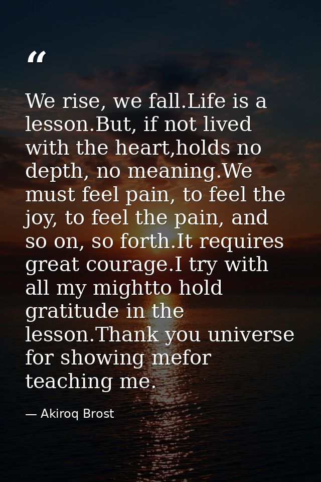 We rise, we fall.Life is a lesson.But, if not lived with the heart,holds no depth, no meaning.We must feel pain, to feel — Akiroq Brost
