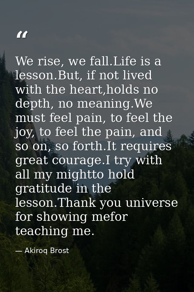 We rise, we fall.Life is a lesson.But, if not lived with the heart,holds no depth, no meaning.We must feel pain, to feel — Akiroq Brost
