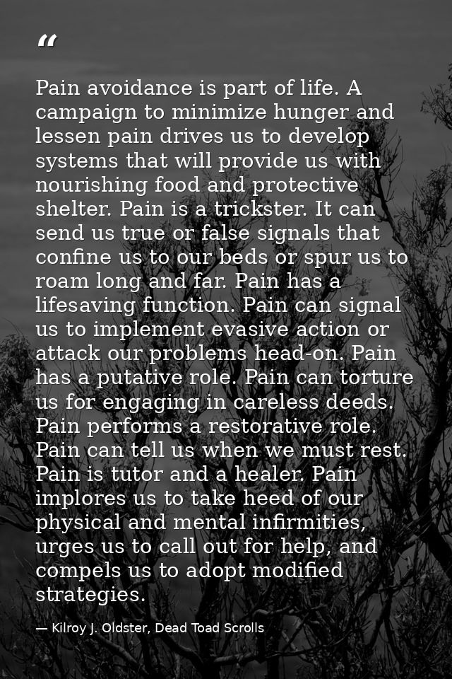 Pain avoidance is part of life. A campaign to minimize hunger and lessen pain drives us to develop systems that will pro — Kilroy J. Oldster, Dead Toad Scrolls