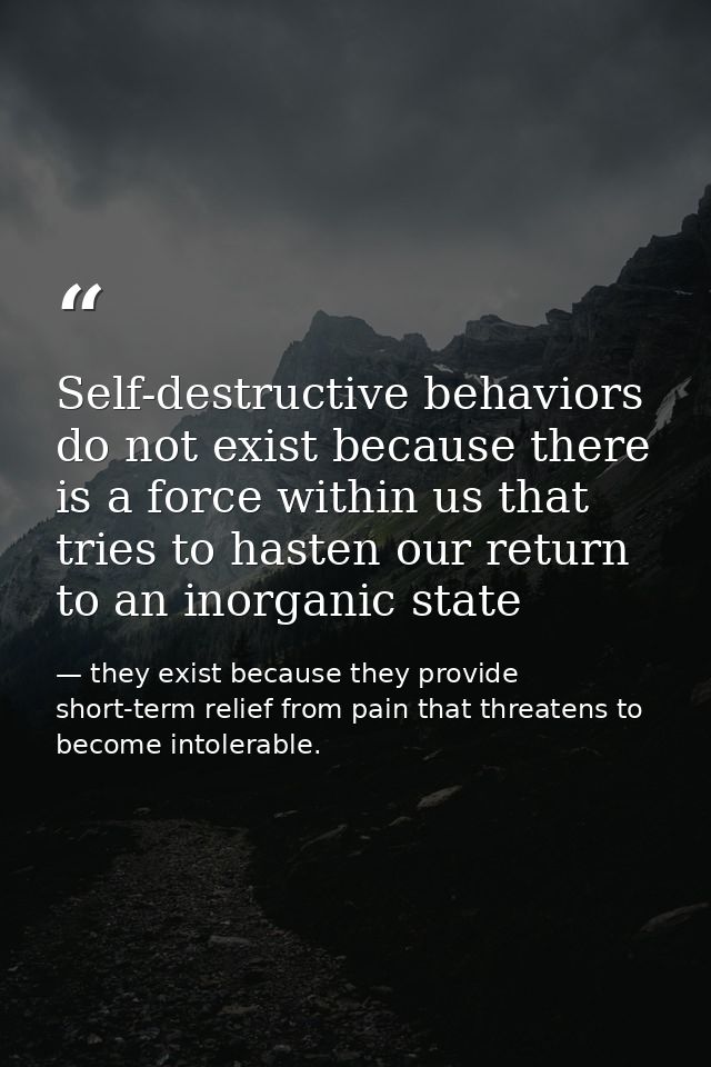 Self-destructive behaviors do not exist because there is a force within us that tries to hasten our return to an inorgan — they exist because they provide short-term relief from pain that threatens to become intolerable.