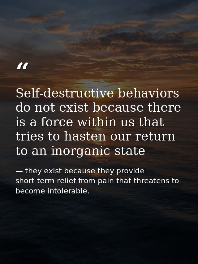 Self-destructive behaviors do not exist because there is a force within us that tries to hasten our return to an inorgan — they exist because they provide short-term relief from pain that threatens to become intolerable.