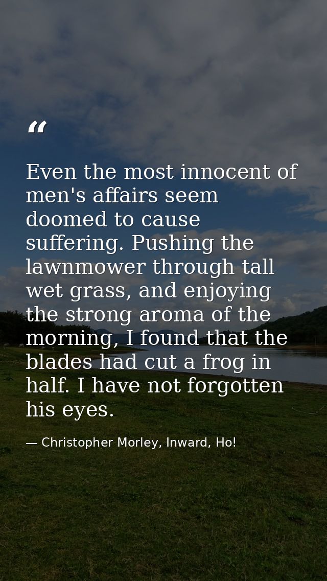Even the most innocent of men's affairs seem doomed to cause suffering. Pushing the lawnmower through tall wet grass, an — Christopher Morley, Inward, Ho!