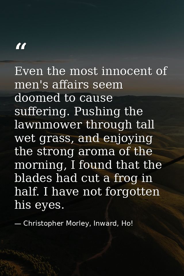 Even the most innocent of men's affairs seem doomed to cause suffering. Pushing the lawnmower through tall wet grass, an — Christopher Morley, Inward, Ho!