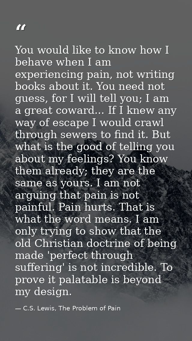 You would like to know how I behave when I am experiencing pain, not writing books about it. You need not guess, for I w — C.S. Lewis, The Problem of Pain