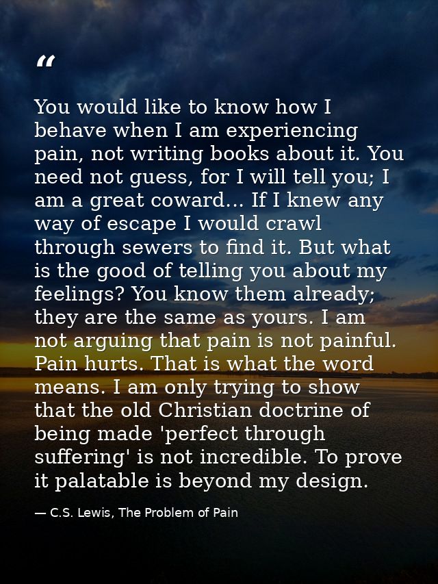 You would like to know how I behave when I am experiencing pain, not writing books about it. You need not guess, for I w — C.S. Lewis, The Problem of Pain