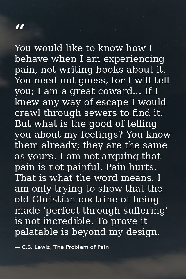 You would like to know how I behave when I am experiencing pain, not writing books about it. You need not guess, for I w — C.S. Lewis, The Problem of Pain