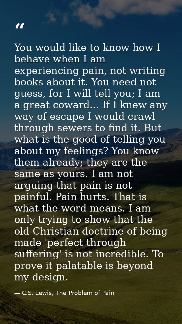 You would like to know how I behave when I am experiencing pain, not writing books about it. You need not guess, for I w — C.S. Lewis, The Problem of Pain