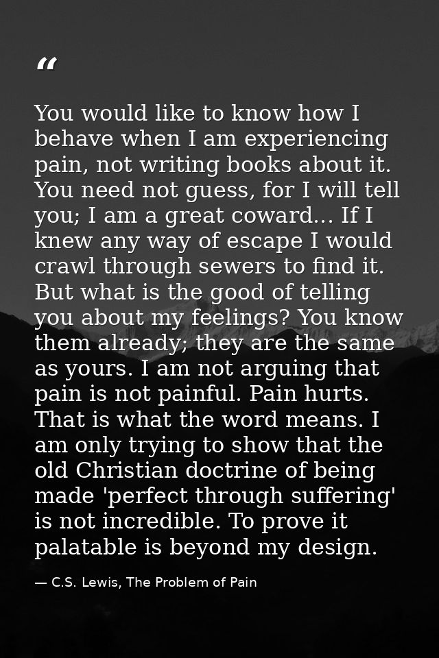 You would like to know how I behave when I am experiencing pain, not writing books about it. You need not guess, for I w — C.S. Lewis, The Problem of Pain