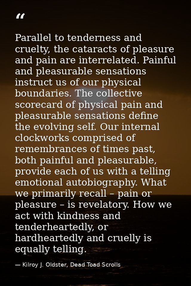 Parallel to tenderness and cruelty, the cataracts of pleasure and pain are interrelated. Painful and pleasurable sensati — Kilroy J. Oldster, Dead Toad Scrolls
