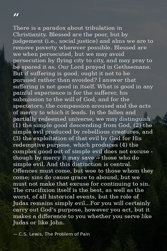 There is a paradox about tribulation in Christianity. Blessed are the poor, but by judgement (i.e., social justice) and  — C.S. Lewis, The Problem of Pain